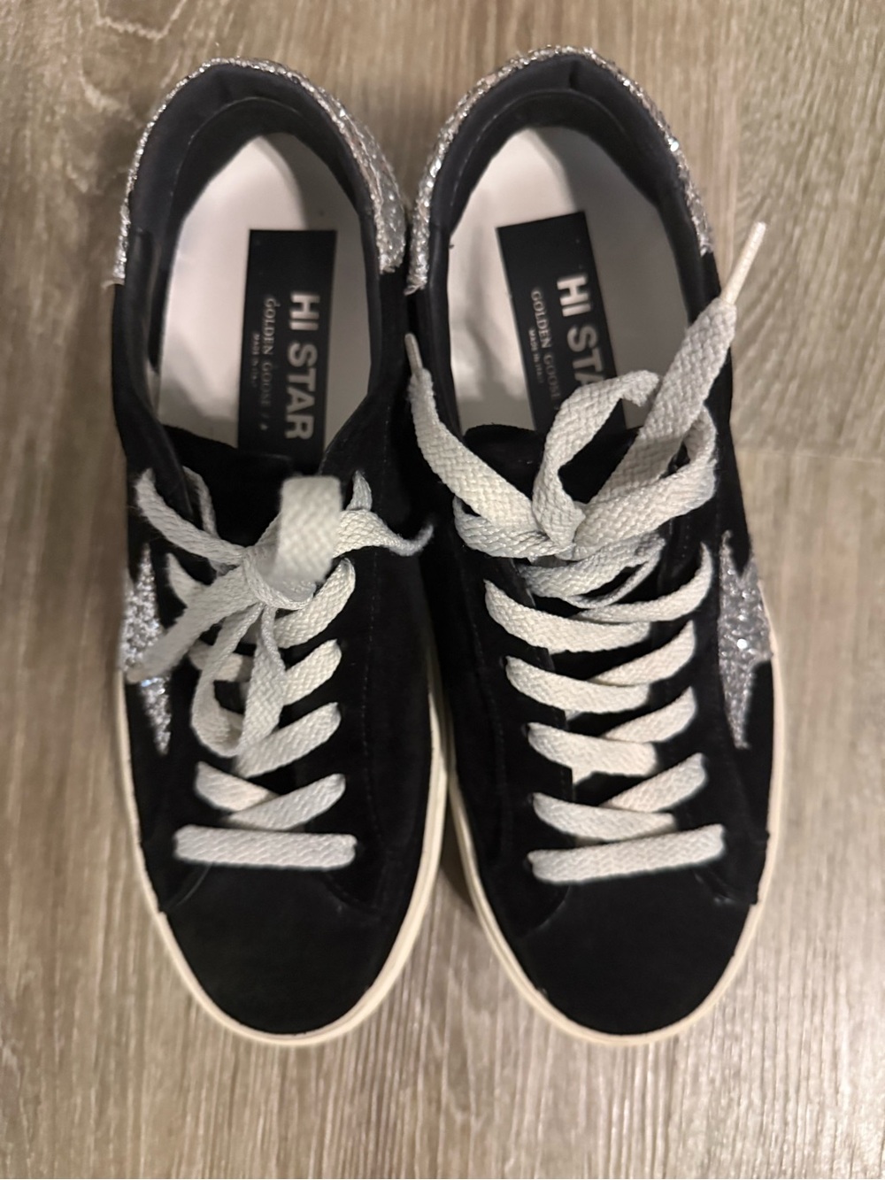Golden Goose Hi Star Women’s Black Suede with Silver Glitter Star. Size 39